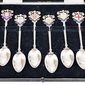 Vintage Souvenir Spoons, Set of Six, Cased Teaspoons, Silver Plate, Enameled Handles, UK Cities, Afternoon Tea, Elegant Souvenirs, Unique