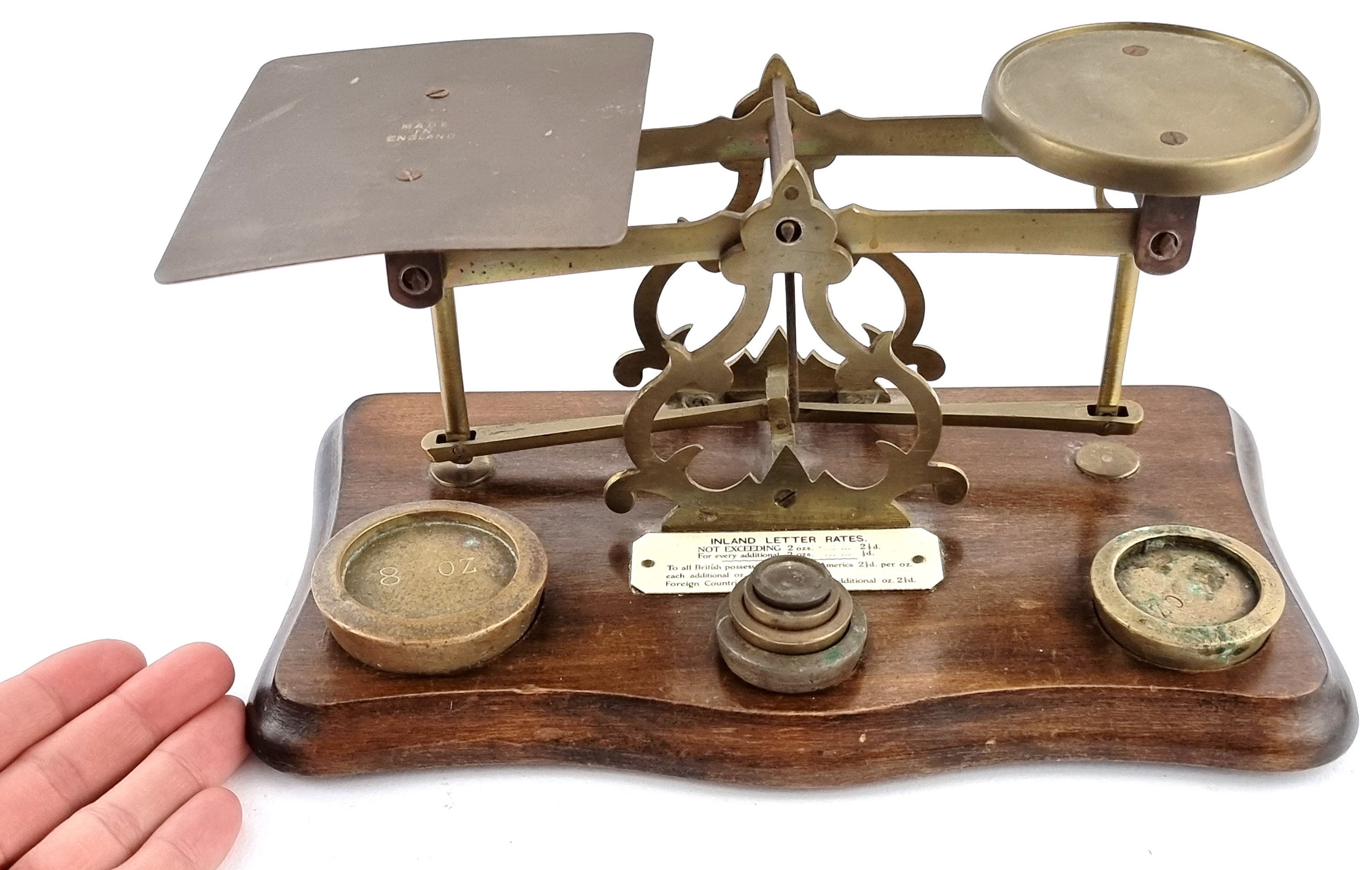 LOVELY SET OF QUALITY ANTIQUE VICTORIAN LETTER AND POSTAL SCALES AND  WEIGHTS in Antique Scales