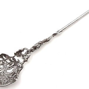 AT FAULT, Rare Sterling, Antique Mote Spoon, Silver Mote, Serpent Handle, Floral Scrolls, Floral Flatware, Josiah Williams, Unusual Spoon