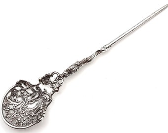 AT FAULT, Rare Sterling, Antique Mote Spoon, Silver Mote, Serpent Handle, Floral Scrolls, Floral Flatware, Josiah Williams, Unusual Spoon