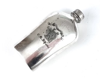 SMALL Antique Flask, WORN Silver Plate, Armorial Crested, Presentation Antique, Fidelis Amicis, 19th Century Gift, Family History, Unique