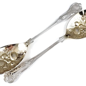 Pair of Salad Servers, Vintage Serving Flatware, Silver Plate, Worn Gilded Bowls, Kings Pattern, Raised Fruit, Retro Home, Kitchen Utensils
