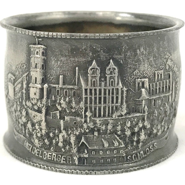 FREE POST - Rare Antique Napkin Ring, Heidelberger Schloss, Heidelberg Castle, Worn Silver Plate, Table Decor, Historical Antique, German