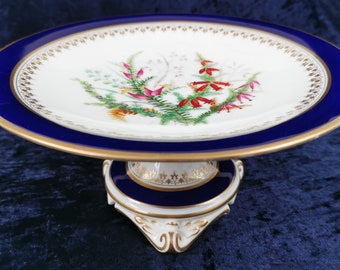 Stunning Antique Tazza, Compote, Table Serving, Cobalt Blue Rim, Pedestal Base, Colorful Floral Spray, Garden Flowers, Victorian Stand