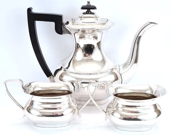 Vintage Kaffee Set, Kaffee Zucker und Milchkaffee, Versilberter Teller, Weinreben von Sheffield, Elegantes Servieren, Couchtisch, Georgischer Stil, Retro Home