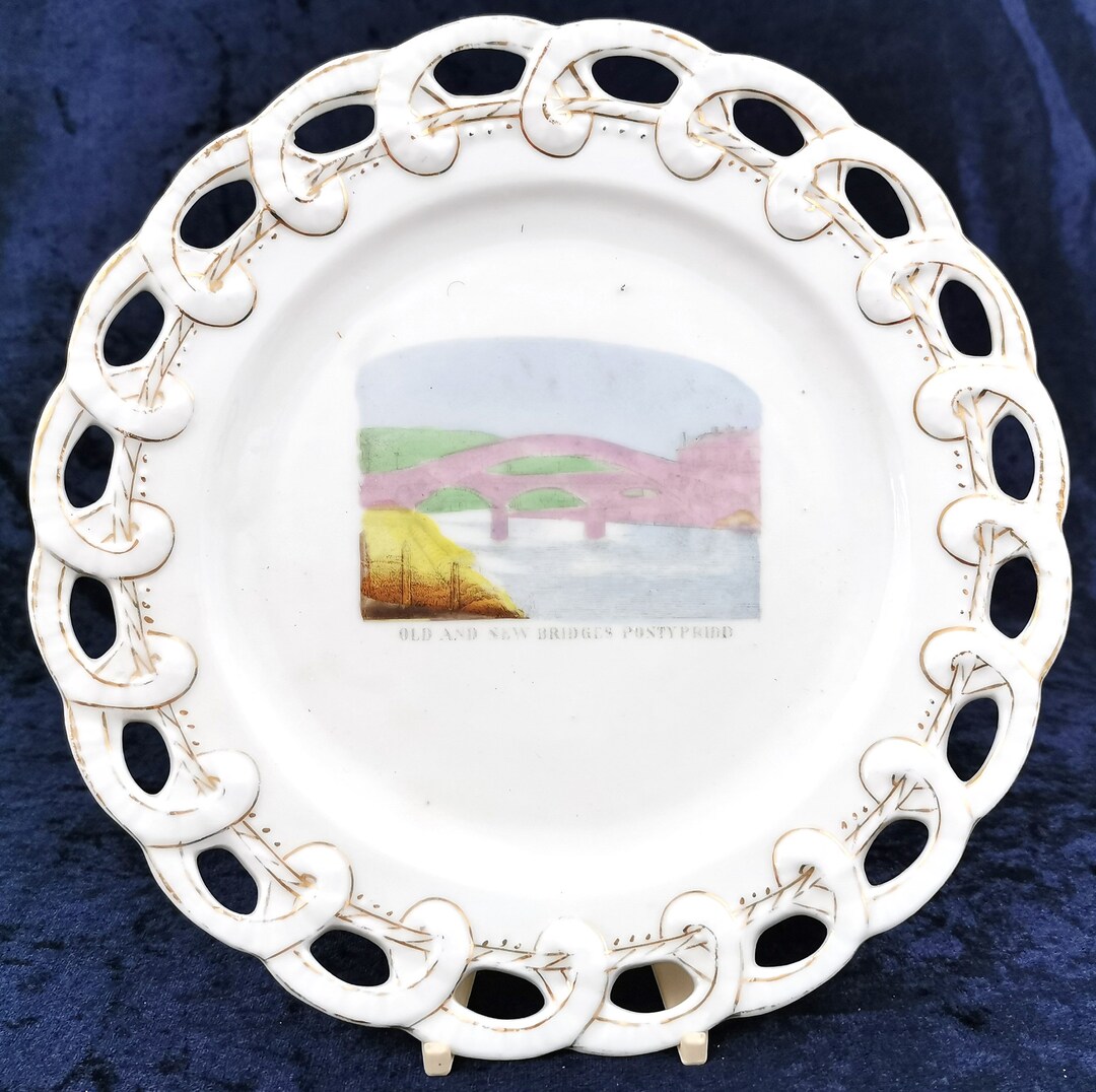 Top Ribbon Plate Historical Antique Plate, Ribbon Plate, Old and New Bridge Pontypridd ...
