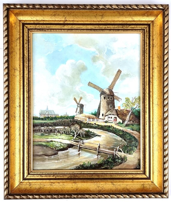風車の油彩画 金色フレーム付き 風車の油彩画 金色フレーム付き 現代絵画、油彩画、額入り絵画、風車絵画、