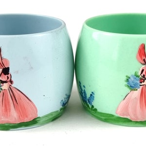 Pair of Napkin Rings, Hand Painted, Plastic Tableware, Crinoline Lady, Art Deco Style, Blue and Green, Retro Homeware, Kitchen Decor, Unique