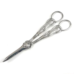Könnte beinhalten: Silberfarbener Nussknacker mit verzierten Blumen- und Muscheldekoren. Die Griffe haben Fingerschlaufen und dekorative Details. Der Nussknacker ist aus Metall und hat ein Scharnierdesign zum Knacken von Nüssen.