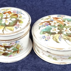 At Fault, Antique Containers, Paste Jars, Cream Jars, Lids with Bases, Enameled Flowers, White Daffodils, Forget me Nots, Colorful Jars