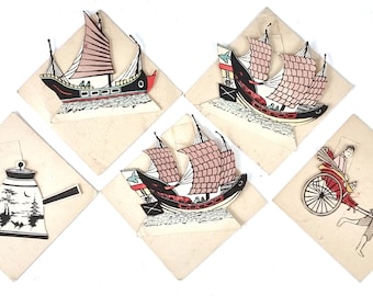 Arte de papel pequeño, configuración de lugar vintage, configuración de nombre, conjunto de cinco, cuadrados de papel, chinoiserie, diseños orientales, barcos chatarra, rickshaw