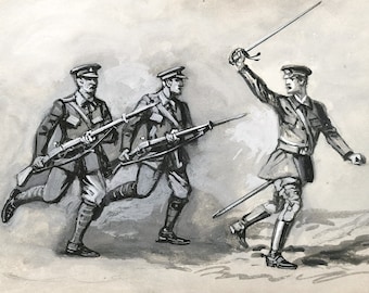 Pode incluir: Uma ilustração em preto e branco de três soldados em uniforme. Dois soldados estão correndo com rifles, enquanto o terceiro soldado está correndo com uma espada levantada no ar.