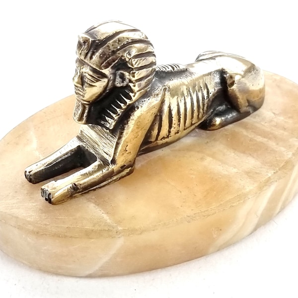 Vintage Paperweight, Egyptian Revival, Brass Sphinx, Alabaster Base, Stylish Accessory, Desk Decor, Art Deco, Historical Influence, Unique