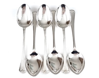 Set of Dessert Spoons, Military Issue, Set of Six, Silver Plate, Hanoverian Pattern, British Army, Dated 1983, Broad Arrow Mark, Decorative