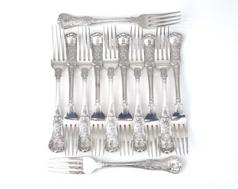 Crested Flatware, Set of Twelve, Table Forks, Silver Plate, Wheatsheaf Crest, Grape and Vine, Floral Backs, 8 Inches Length, Cutlery Forks