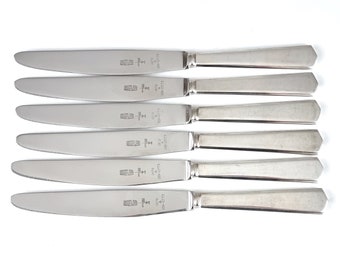 Set of Table Knives, Six Cutlery Knives, Stainless Steel, Silver Plate, Military Issue, Broad Arrow Mark, Officers Canteen, 9 1/4 Inches