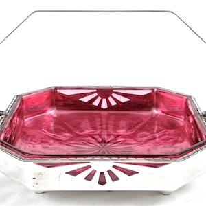 Striking Basket, Square Shape, Cranberry Glass, Silver Plate, Swing Handle, Art Deco, Ball Feet, Table Feature, Interior Design, Serving