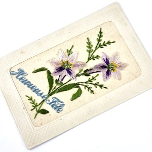 Prima guerra mondiale, cartolina di seta, effimero francese, biglietto di grande guerra, heureuse fête, fiori viola, antico storico, biglietto d'auguri, unico