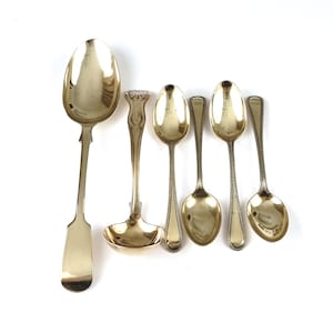 Antique Brass Flatware, Job Lot, Set of Four Teaspoons, Sauce Ladle, Table Spoon, 19th Century, Various Patterns, Cutlery Spares, Decorative