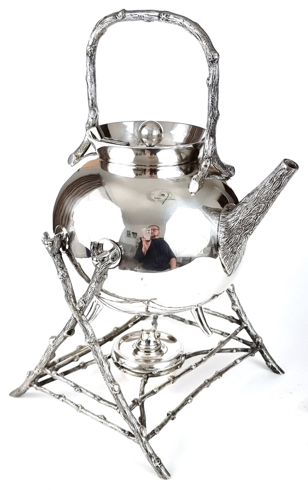 Teapot Rgh Striking Antique, Spirit Kettle on Stand, Silver Plate, Bark Effect ...