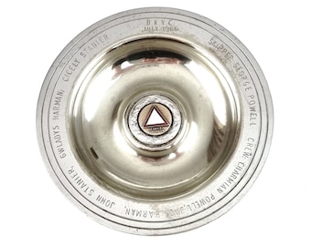 Small Prize Ashtray, 4 1/2 Inches Diameter, WORN Silver Plate, BK Yacht Club, First Division, Engraved Crew Names, Enameled Badge, Sailing