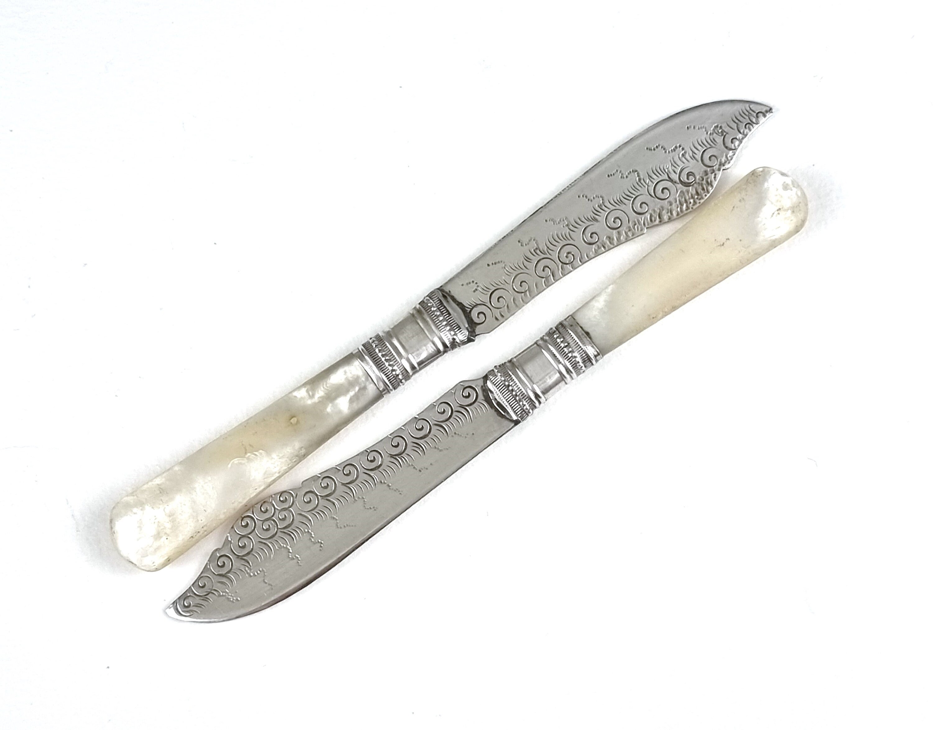 SMALL Flatware, Size Difference, Antique Spreaders, Small Duo, Silver Plate, Mother of Pearl, Swirl Pattern, Unique Size, Around 5 Inches