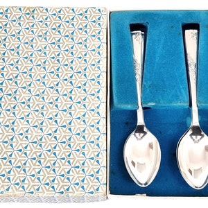 Boxed Bestek, Set van Dessert Lepels, Zes Lepels, Zilveren Plaat, Retro Card Box, Rose Patroon, Floral Servies, Tafeldecoratie, Pudding