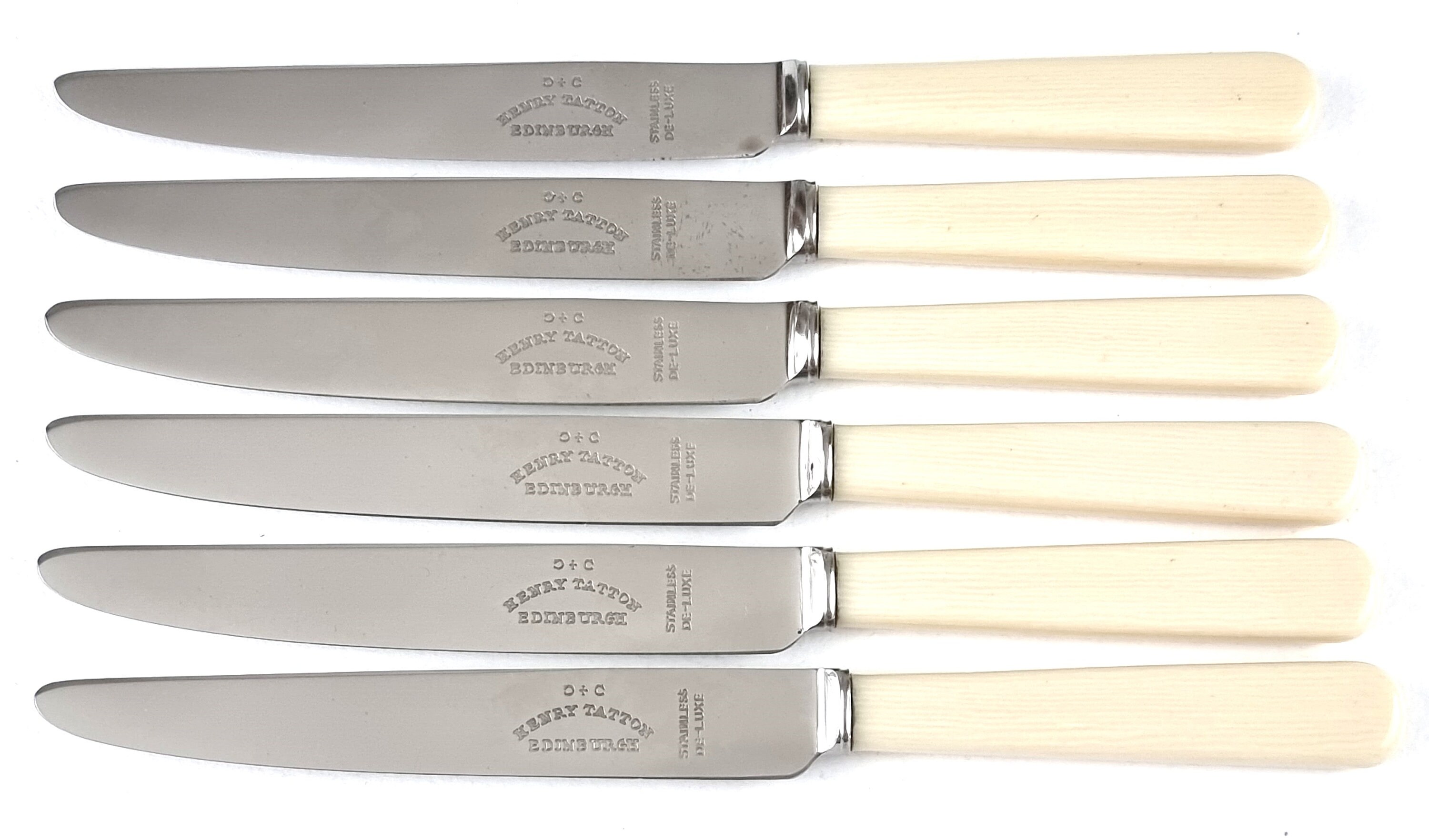 Vintage Set of Knives, Six Settings, Dessert Knives, Henry Tatton, Edinburgh Mark, Scottish Flatware, Stainless Steel, Cream Handles, Decor