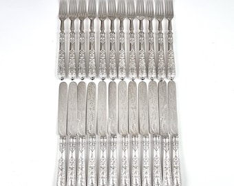 WORN Tine Backs, Crested Cutlery Set, Twelve Settings, Silver Plate, Horse Head Crest, 7 1/4 Inches Fork Length, Floral Scrolls, Historical