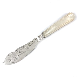 CHIPPED Handle Top, Antique Silverware, Silver Butter Knife, Sterling Flatware, Mother of Pearl, Mid 19th Century, Floral Scrolls, H Atkin