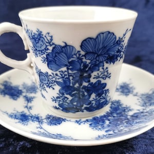 Antique Cup and Saucer, Seto Porcelain, Late Meiji Period, Blue and White, Floral Spray, Floral Design, Small Size, Cabinet Duo, Japan