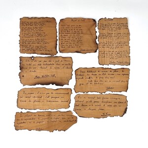 May include: A collection of eight burnt paper scraps with handwritten text in French. The text includes quotes and poems about love, life, and the beauty of nature. The paper is aged and has a rustic, vintage look.