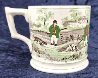 Traditional Antique, Antique Mug, English Hunt, Field Sports, Green and White, Mid 19th Century, Rare Transferware, Decorative Antique, Mug