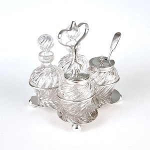 Antique Cruet Set, Condiment Set, Silver Plate, Glass Bottles, Spiral Twist Glass, Mustard and Pepper, Oil and Vinegar, Striking Tableware