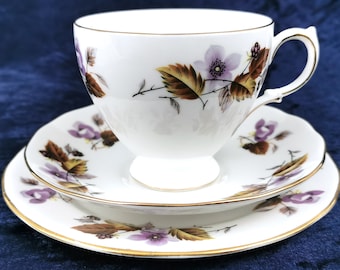Vintage Collectible Tea Trio, Queen Anne Trio, Teacup Saucer and Side Plate, Afternoon Tea, Autumnal Design, Bone China Tea, Leaf Border