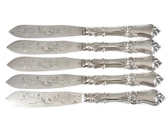 Antique Set of Knives, Five Dinner Knives, 9 1/4 Inches, Silver Plate, Floral Flatware, Scroll Pattern Edging, Victorian Additions, Elegant