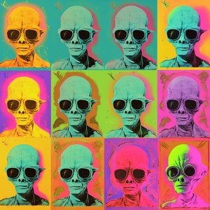 Könnte beinhalten: Ein Bild im Pop-Art-Stil mit einem Raster von zwölf Alien-Porträts. Jeder Alien hat eine große schwarze Sonnenbrille und einen blassen Teint. Die Hintergründe sind lebendig, mit Farben wie Gelb, Türkis, Grün und Lila.