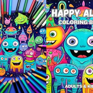Happy Aliens Coloring Book w/ over 50 Fun exciting Alien Images Instant Downloadable color pages for hours of coloring fun adults & kids