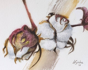 Cotton branch original watercolor painting - Small botanical artwork in brown and pink colors