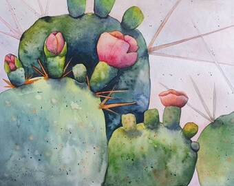 Watercolor original blooming CACTUS painting - Cacti desert landscape - A3 wall art - Opuntia Arizona plant - Botanical artwork