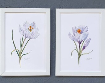 Set of 2 original paintings Crocuses - White flowers artwork - Floral home decor - Minimalist watercolor drawings for wall decoration