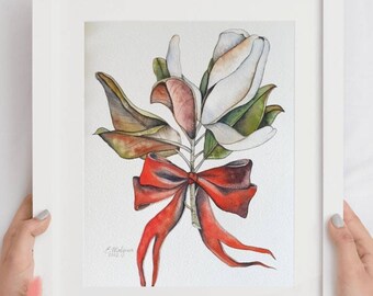 Spring flower Magnolia watercolor painting - Original wall art for nature lovers