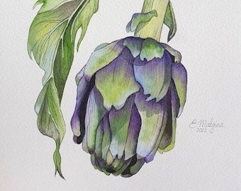 Original watercolor painting ARTICHOKE for kitchen decor - Food and vegetables still life artwork for botanical art lovers