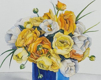 Ranunculus flowers bouquet watercolor painting - Original botanical artwork for art lovers - Floral home decor - Flowers in vase
