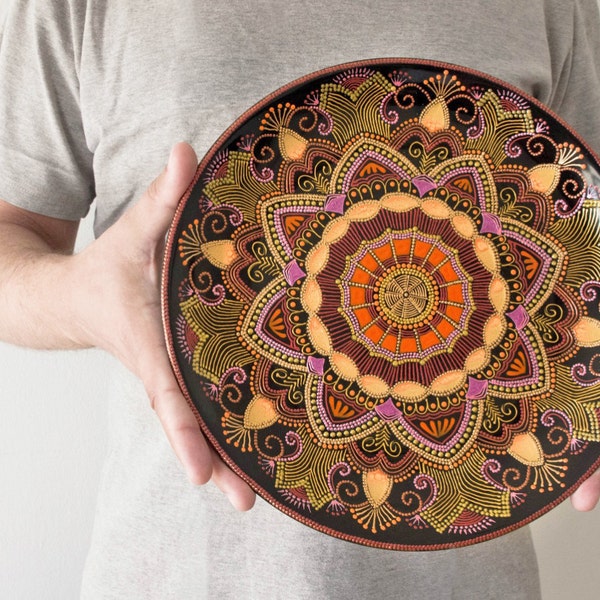 Large decorative plate Mandarin Sunset - Wall hangings - Orange plate - Oriental art - Point-to-point - Mandala plate - Home gifts