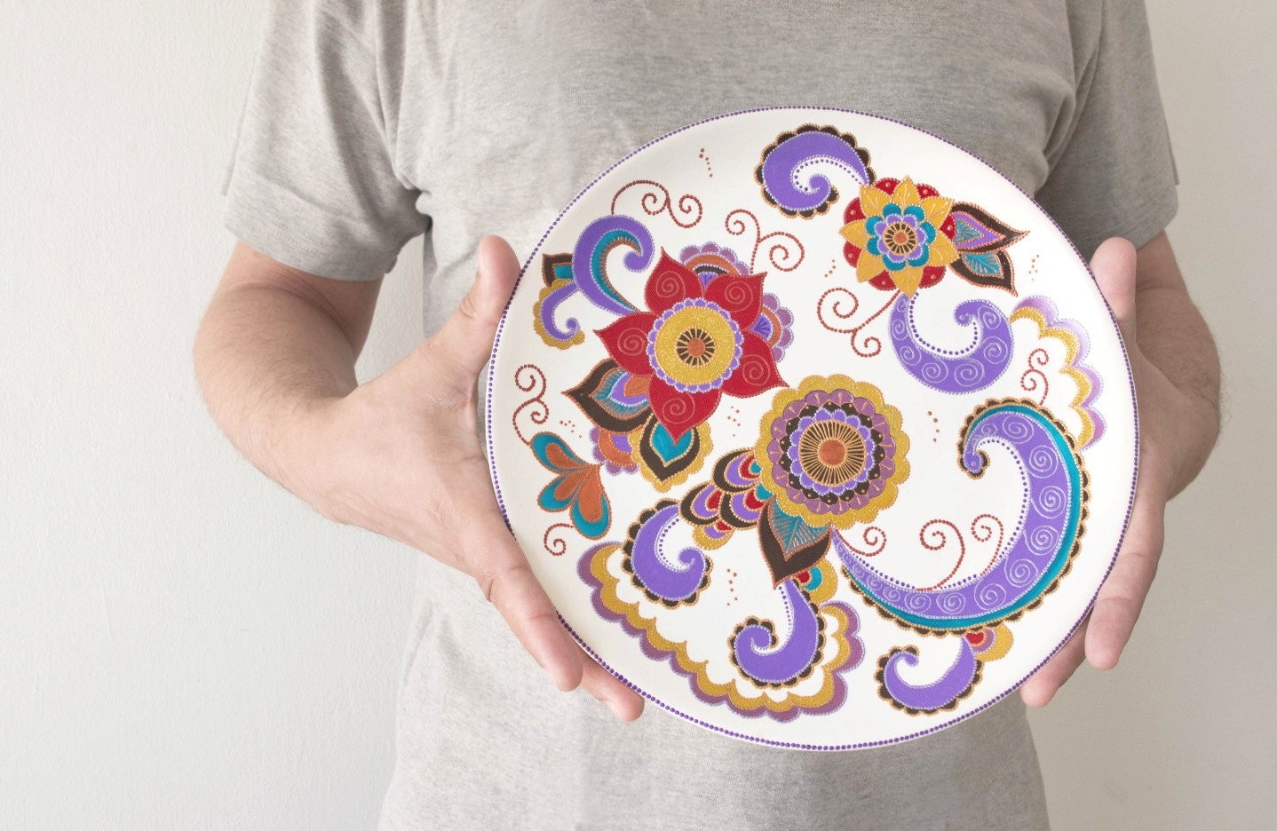 White decorative plate with flowers Hanging plate Wall