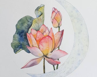 Pink yellow LOTUS flower original watercolor painting with moon - Floral drawings of Nelumbo water lily