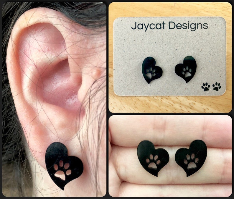 Cat Stud Earrings Heart Earrings Cat Earrings Cat Paw Print Earrings Paw Print Heart Earrings