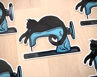 Black Cat and Vintage Sewing Machine Sticker, Cat Laptop Decal, Black Cat Sticker, Sewing with Cats Sticker, Sewing Machine Sticker