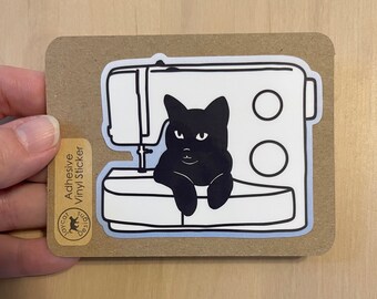 Cat and Sewing Machine Decal, Cat Laptop Decal, Black Cat Sticker, Sewing with Cats Sticker